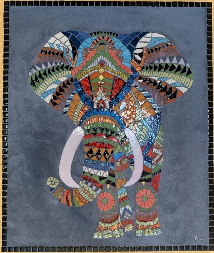 Tableau en mosaïque motif éléphant en Emaux de Briare et verre
